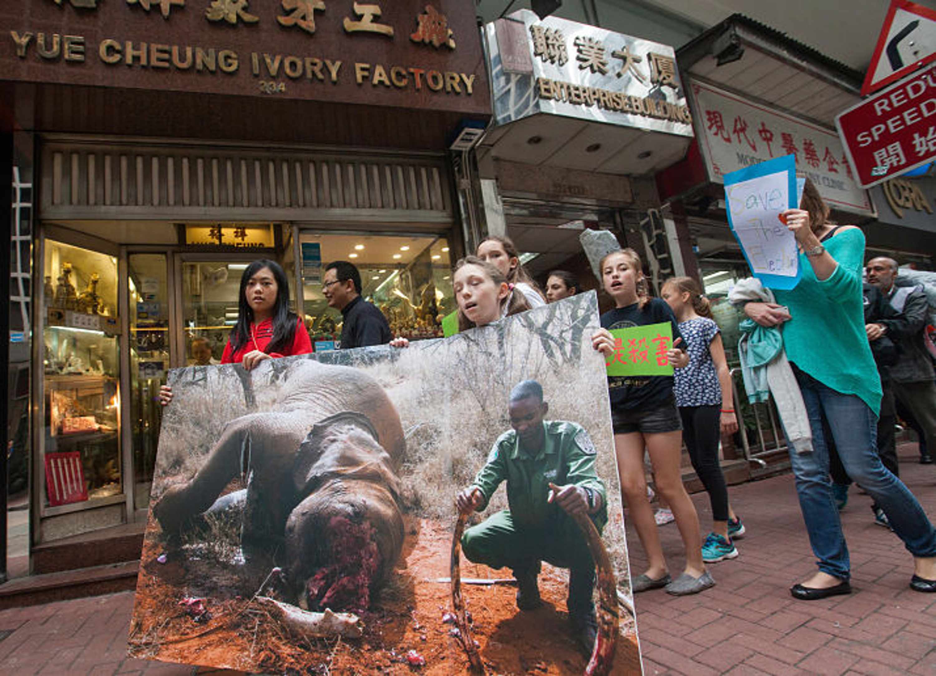 Children and adults protest against Hong Kong&#39;s legal ivory trade in the city&#39;s main ivory selling district of Hollywood Road and Queen&#39;s Road Central, Sheung Wan, Hong Kong, China, 14 March 2015.  According to Kenya-based NGO &#39;Save the Elephants&#39;, 100,000 elephants were illegally-killed for their tusks from 2010 to 2012, a poaching crisis driven in large part by consumers in Hong Kong and China.